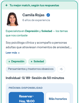 Perfil de psicóloga con especialidades, precio S/ 89 y botón para reservar hoy